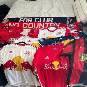 Lot of New York RedBulls jerseys, and one MetroStars Jersey, various sizes